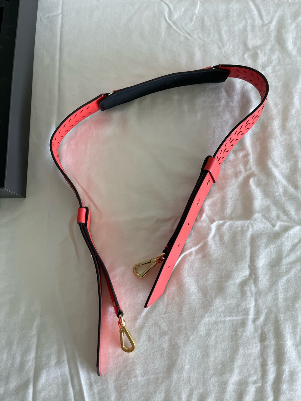 Tumi  Leather adjustable strap Orange 1.5”x 34”- 46” Gold New $150